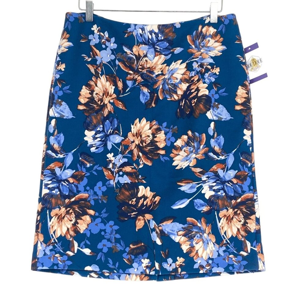 Talbots 12 Floral Pencil Skirt Kick Pleat Stretch Bold Print Blue Beige Career
